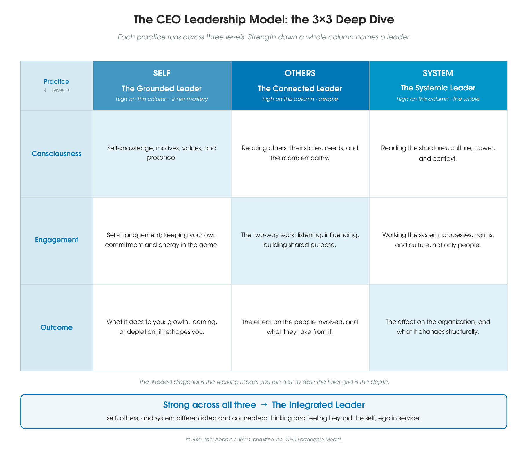 The CEO Leadership Model 3x3 matrix: Consciousness, Engagement and Outcome across self, others and system.