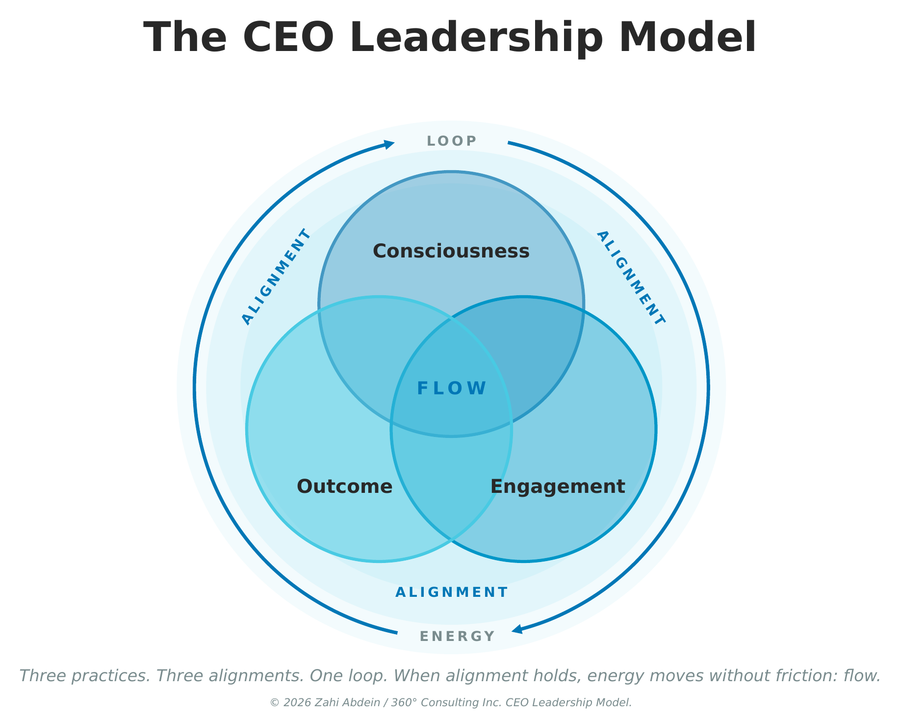The CEO Leadership Model: Consciousness, Engagement and Outcome as three overlapping circles, with alignment at the overlaps, flow at the centre, and a loop of energy around them.